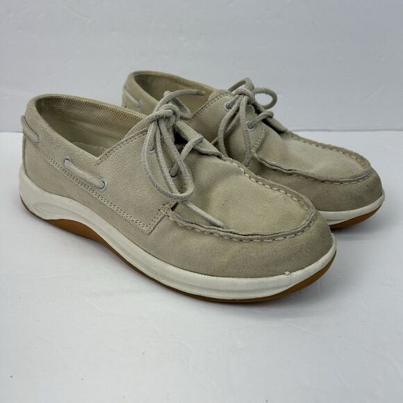 Lands End Boat Shoes Women's 7B Beige Leather Cushioned Insole Casual Slip On - Picture 3 of 14